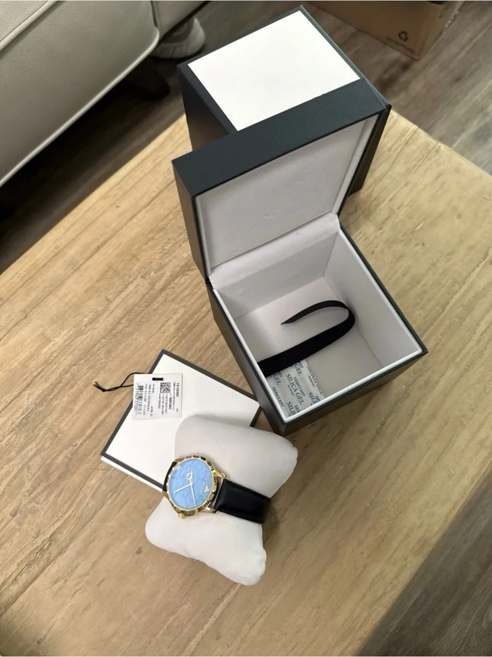 Gucci Gold-Tone Watch with Turquoise Marble Dial and Black Strap